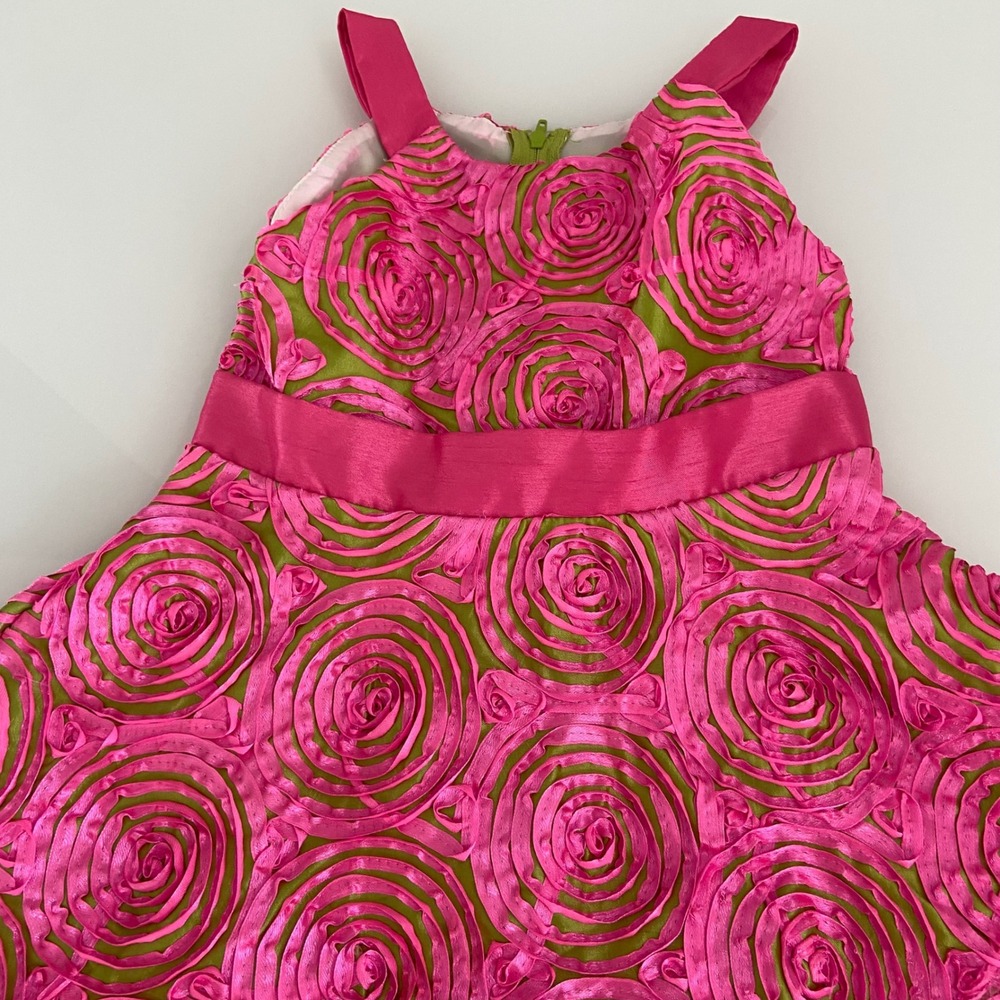 Rare‎ Too Kids Size 5 Pink Lime Green Rosette Party Dress Easter 3D Floral Sash